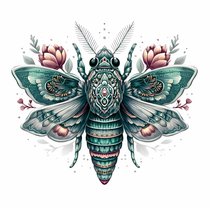 May include: A detailed illustration of a stylized insect with intricate patterns in teal, white, and gold. The insect is surrounded by floral elements, including pink and purple flowers and green leaves, set against a white background.
