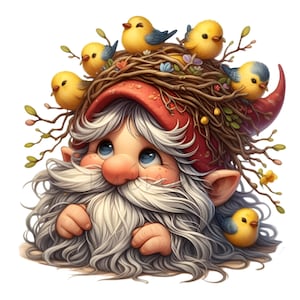 15 clipart PNG mignon nain avec nid, bonnet et oiseaux jaunes - illustration fantaisiste de nain des bois printanier pour projets de création
