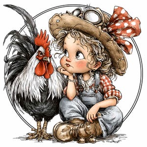 12 PNG Farm Rooster Clipart – Cute Girl PNG – Vintage Barnyard Art for Sublimation, Nursery Prints, Rustic Decor & Cardmaking
