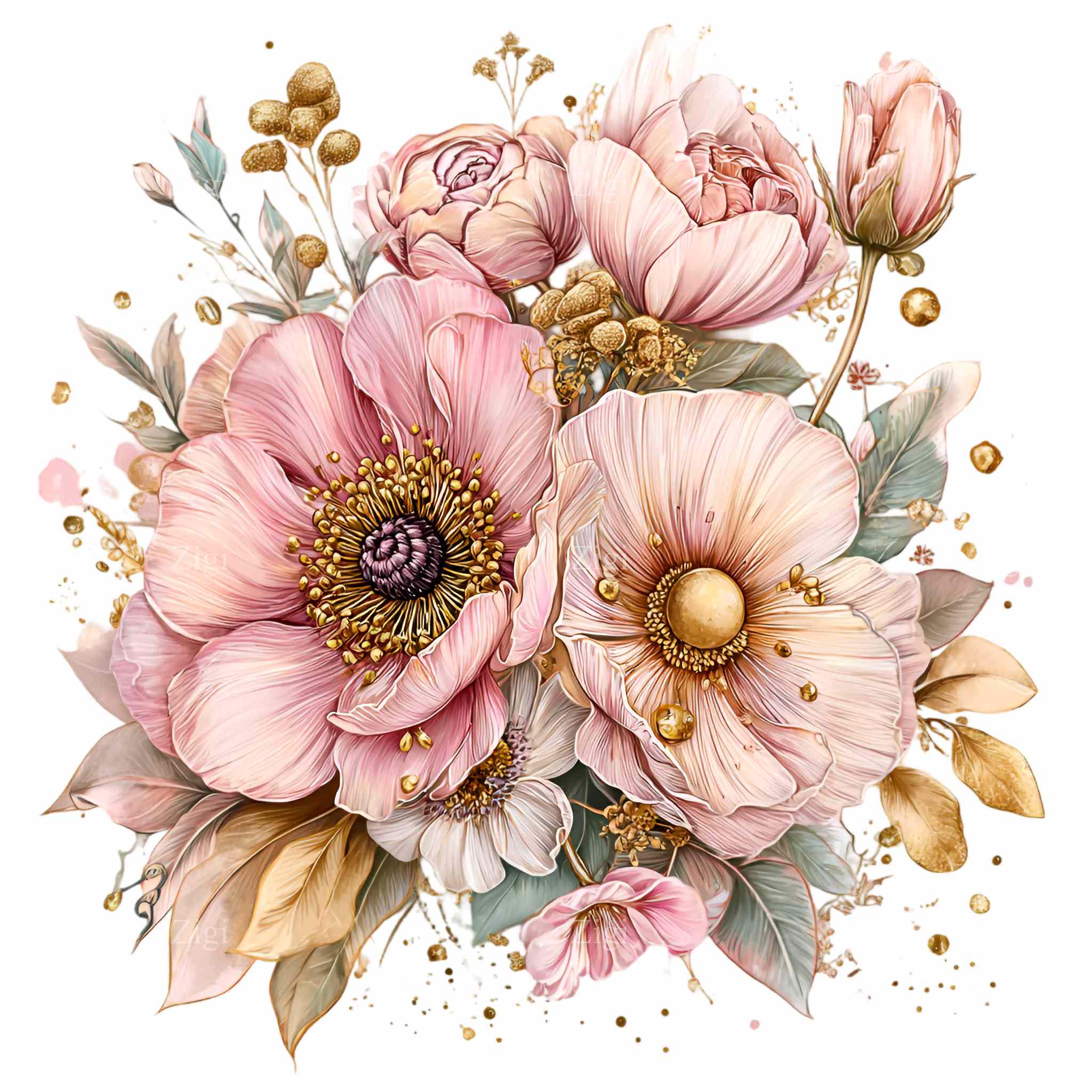 12 PNG Watercolor Floral Bouquet, Pink Gold Flowers Clipart, Vintage ...
