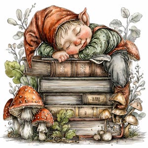 Puede incluir: Ilustración en acuarela de un gnomo durmiente con un gorro rojo y una camisa verde, descansando sobre una pila de libros antiguos. La imagen incluye setas de sombrero rojo y follaje, creando una escena de cuento de hadas.