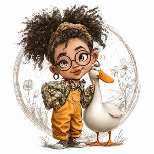15 Clipart fille avec tenue florale JPEG – Clipart JPG cheveux bouclés – Art de la ferme pour chambre d'enfant avec canard pour enfants, décoration murale et impressions printanières