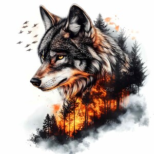 20 Clipart loup puissant JPEG - loup majestueux avec forêt enflammée et fumée, art animalier, illustration numérique fantastique, JPG