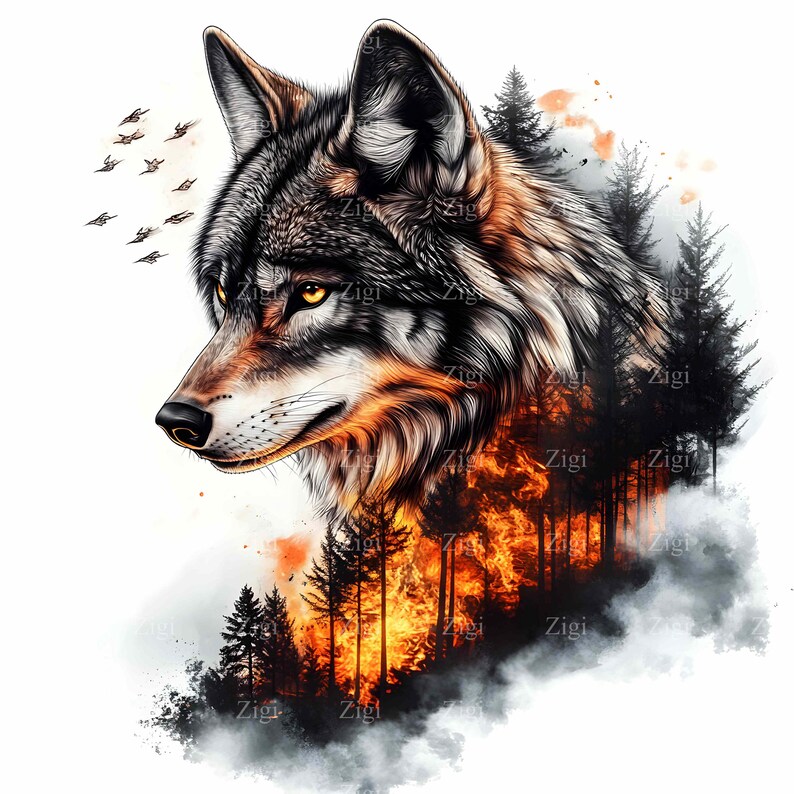 20 JPG Wolf Forest Clipart, Double Exposure Wildlife, Animal Graphic - Etsy