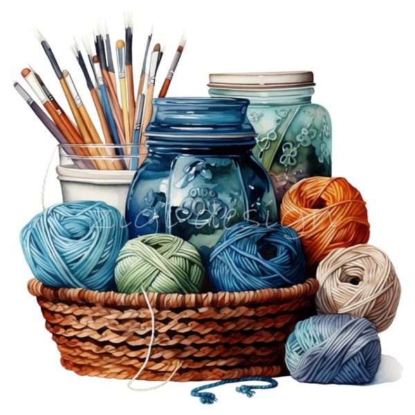 Yarn Clipart 20 PNG, Watercolor Wool Balls Knitting Crochet Illustration, Card Making, Junk Journal