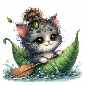 12 süßes Kätzchen PNG in Blatt PNG Clipart, entzückende flauschige Katze, Paddeln Digital Art, Sofort-Download für Kunsthandwerk