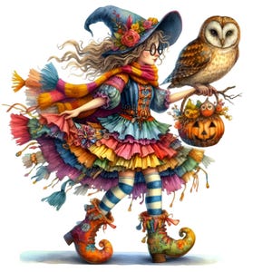 Bunte Hexe mit Eule PNG Clipart | 12 Zauberhafte Hexen-Mädchen im festlichen Outfit mit Halloween-Korb und Eulen-Illustration