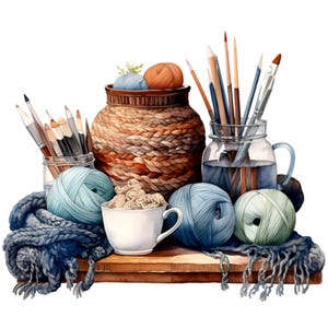 15 garens en kunstbenodigdheden clipart png, blauwgroene garenballen, penselen, beker, deken, herfst ambachtelijke scène afdrukbaar