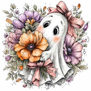 May include: A whimsical illustration of a friendly ghost surrounded by colorful flowers. The ghost has rosy cheeks and big eyes, holding an orange flower. Pink bows adorn the ghost and the bouquet, creating a charming and cheerful design.