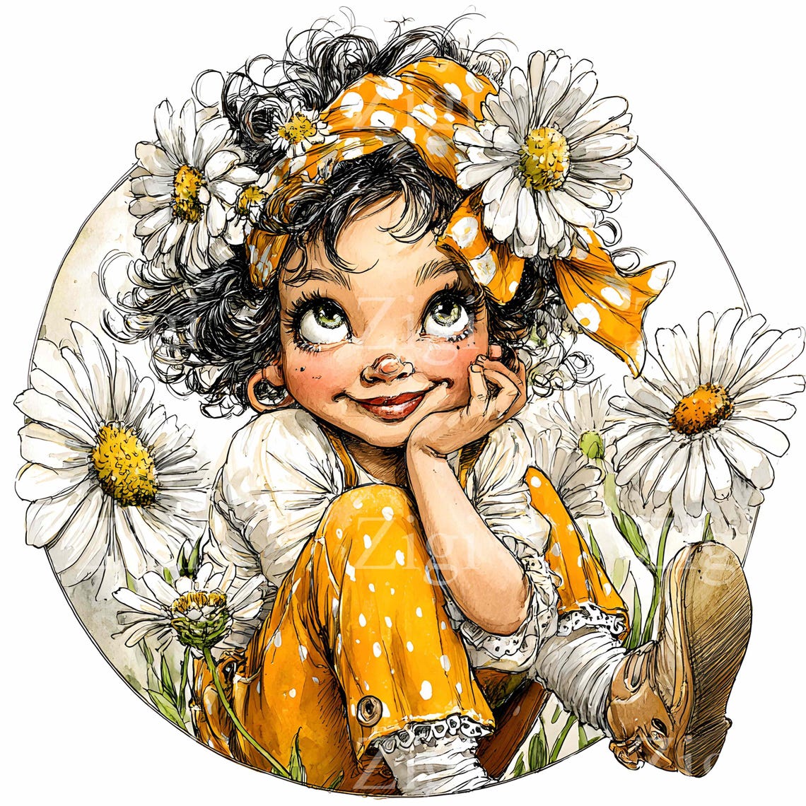 16 JPEG Winking Girl With Daisy Clipart – Cute Child JPG Illustration ...