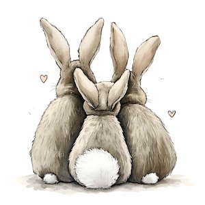 6 3 匹のうさぎ PNG クリップアート - ふわふわのしっぽで一緒に座っている愛らしいうさぎ - 動物イラストアート