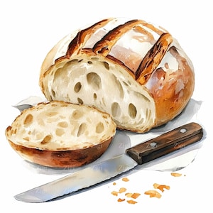 28 JPEG gesneden brood clipart JPEG, rustiek ambachtelijk brood met kruimels en mes, bakkerij keuken decor digitale kunst print