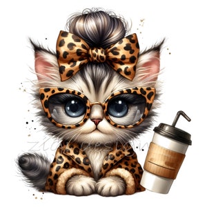 Puede incluir: Una ilustraci&oacute;n de dibujos animados de un gato con gafas de estampado de leopardo, un lazo de estampado de leopardo y una chaqueta de estampado de leopardo. El gato sostiene una taza de caf&eacute; para llevar con una pajita.