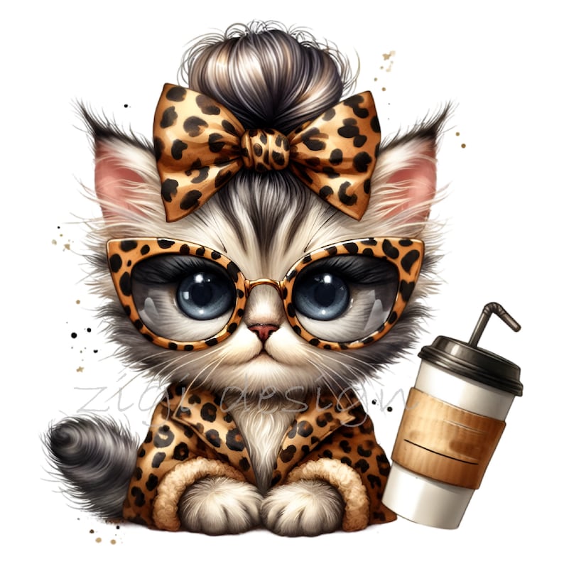 Puede incluir: Una ilustraci&oacute;n de dibujos animados de un gato con gafas de estampado de leopardo, un lazo de estampado de leopardo y una chaqueta de estampado de leopardo. El gato sostiene una taza de caf&eacute; para llevar con una pajita.