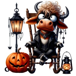 18 clipart PNG di mucca di Halloween in giacca di pelle gotica con capelli ricci, zucca di Halloween, lanterne ed elementi decorativi spettrali