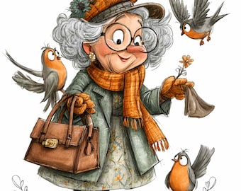 15 Grandma Bird PNG Old Lady Robin Feeding Autumn Clipart