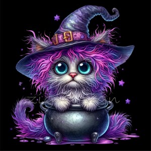 Halloween Cat Clipart - Purple Kitten With Witch Hat and Webs ...