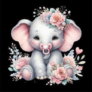 May include: A cute baby elephant with pink ears and a pink pacifier, wearing a flower crown with pink, blue, and white flowers. The elephant is surrounded by pink and blue flowers.