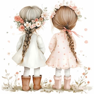 15 clipart de meninas loiras em JPEG – Coroa floral e trança em JPG – Ilustração em pastel para decoração de berçário, impressão de irmãs ou quarto infantil rústico