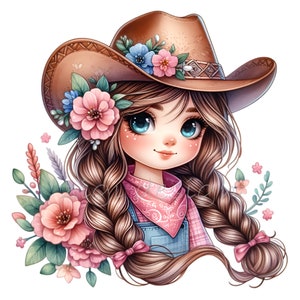 Cowgirl Clipart PNG con cappello floreale e trecce, 12 graziose illustrazioni western per artigianato e arte digitale