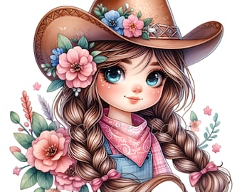 12 PNG Cowgirl Girl Clipart – Western Floral Country Farm for Birthday Decor and Prints