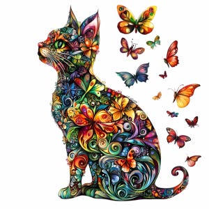 15 Psychedelische Katze PNG Clipart, lebhafte Schmetterling Blumenkatze Digital Art, Fantasy Rainbow Cat Sublimation, bunte Katzengrafik