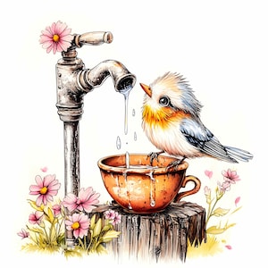 16 imágenes prediseñadas de aves de acuarela vintage en formato JPEG: lindo pájaro con grifo que gotea agua: ilustración rústica en formato JPG para jardín