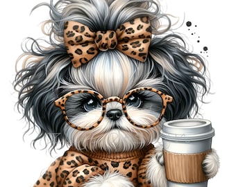 Shih Tzu Clipart, Leopard Bow Clip Art, 12 PNG Coffee Animal Print Cheetah Fur, Teacher Kids School Shirt, Sublimation Mug Tumbler, Planner