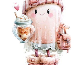 16 PNG Pink Ghost Beanie, Winter Drink Boots Purse Halloween Graphic Art