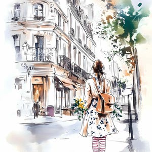 32 JPEG Paris Girl Clipart JPG, Mujer elegante caminando con flores por una calle de París, Ilustración de moda, Impresión digital