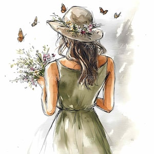 24 JPEG Ragazza estiva con cappello e fiori Clipart JPG / Donna in abito floreale con bouquet e farfalle Illustrazione