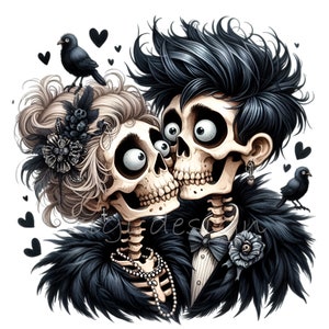 Casal de esqueleto gótico romântico Clipart 12 PNG - Pombinhos em traje escuro com pássaros e corações - Ilustração digital de Halloween