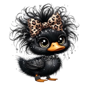 Lindo pato negro con lazo de leopardo, 12 adorables patos punk rock PNG, ilustración animal caprichosa para decoración