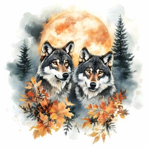 16 imágenes prediseñadas de lobos otoñales en formato JPEG: dos lobos majestuosos bajo la luna llena en el bosque otoñal, arte de vida salvaje, descarga digital, JPG