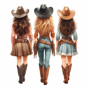 15 Cowgirls PNG Clipart, Três Mulheres Ocidentais Elegantes em Saias e Jeans, Ilustração Digital de Rodeio, Arte de Moda Country