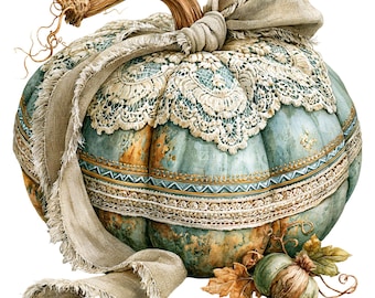 15 PNG Vintage Lace Teal Pumpkin Clipart, Rustic Sage Autumn