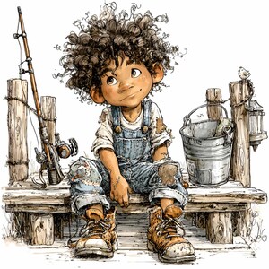 May include: Illustration of a young person with curly hair, wearing denim overalls and work boots, sitting on a wooden dock. A fishing rod and a metal bucket are nearby. A small bird perches on a wooden post. The image has a watercolor style.