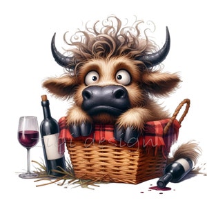 Highland Cow PNG in Picnic Basket, 15 PNG Clipart. Illustrazione di mucca carina con vino. Perfetto per progetti di arredamento rustico