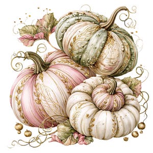 Könnte beinhalten: Illustration von drei dekorativen Kürbissen in Rosa-, Weiß- und Grüntönen. Die Kürbisse haben goldfarbene Blattakzente und sind von Blättern und Ranken umgeben. Ein herbstliches Design.