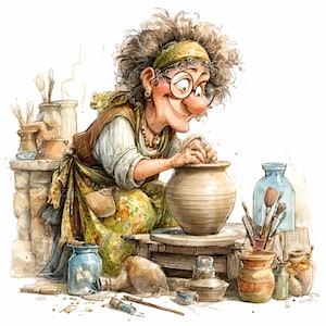 Może przedstawiać: Akwarelowa ilustracja uśmiechniętego rzemieślnika tworzącego ceramikę na kole garncarskim. Rzemieślnik nosi okulary, chustę na głowie i fartuch. Narzędzia garncarskie i gotowe elementy otaczają miejsce pracy, z rustykalnym kamiennym tłem.