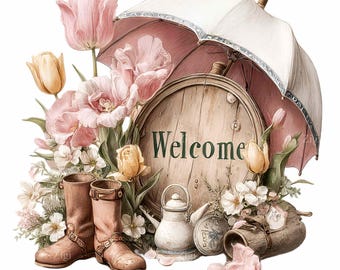 12 PNG Welcome Sign Tulip Flower Garden Boots Water Kettle Clipart