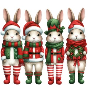 10 PNG Noël lapin PNG Clipart - mignons lapins de vacances en tenue de fête et chapeaux - hiver lapin en téléchargement numérique