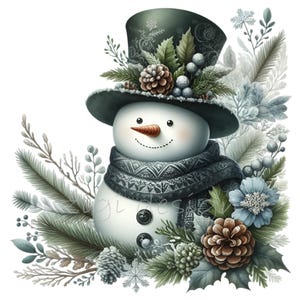 Bonhomme de neige festif Clipart PNG, 12 hiver bonhomme de neige avec chapeau haut de forme et pommes de pin, Illustration de Noël, téléchargement numérique instantané