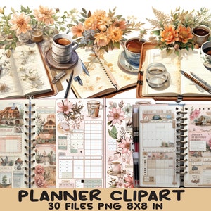 Watercolor Planner Clipart 30 PNG Bundle Journal Girl Coffee Neutral Colors Printable Digital Planner