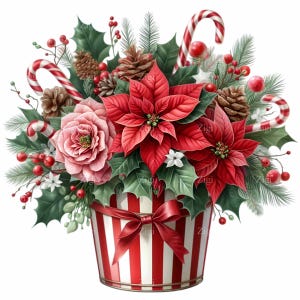 12 Buquê de Poinsétias de Natal PNG Clipart – Balde Floral de Bengala Doce com Pinhas e Azevinho – Download Digital de Férias