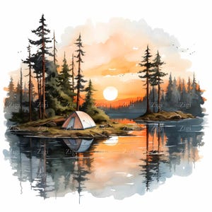 25 clipart de acampamento JPEG com barraca ao pôr do sol perto do lago da floresta, cena de reflexão de paisagem selvagem, arte digital da natureza JPEG