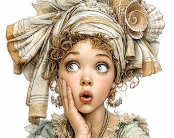 15 PNG Whimsical Coastal Girl, Vintage Shell Clipart, Mermaid