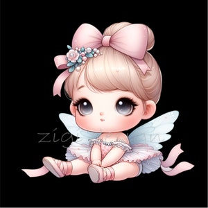 May include: A cute cartoon ballerina with blonde hair, wearing a pink bow, a white tutu, and blue wings. She is sitting with her legs crossed and her hands clasped in her lap.
