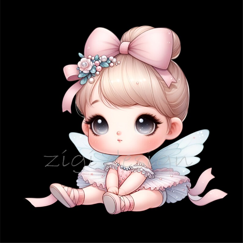May include: A cute cartoon ballerina with blonde hair, wearing a pink bow, a white tutu, and blue wings. She is sitting with her legs crossed and her hands clasped in her lap.