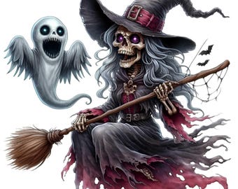 14 png skelet heks spook, griezelige Halloween bezem clipart